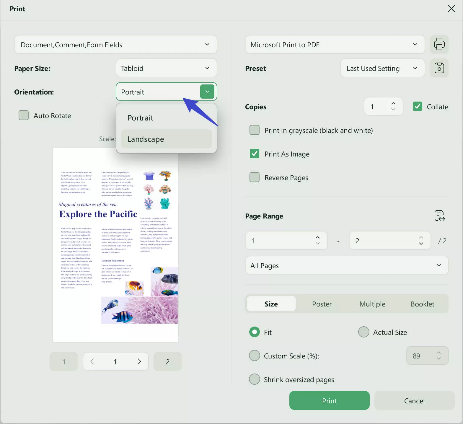 change pdf from landscape to portrait updf