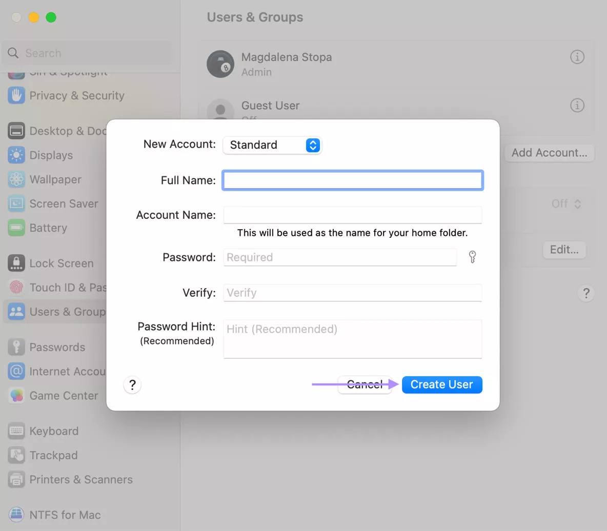 create user mac