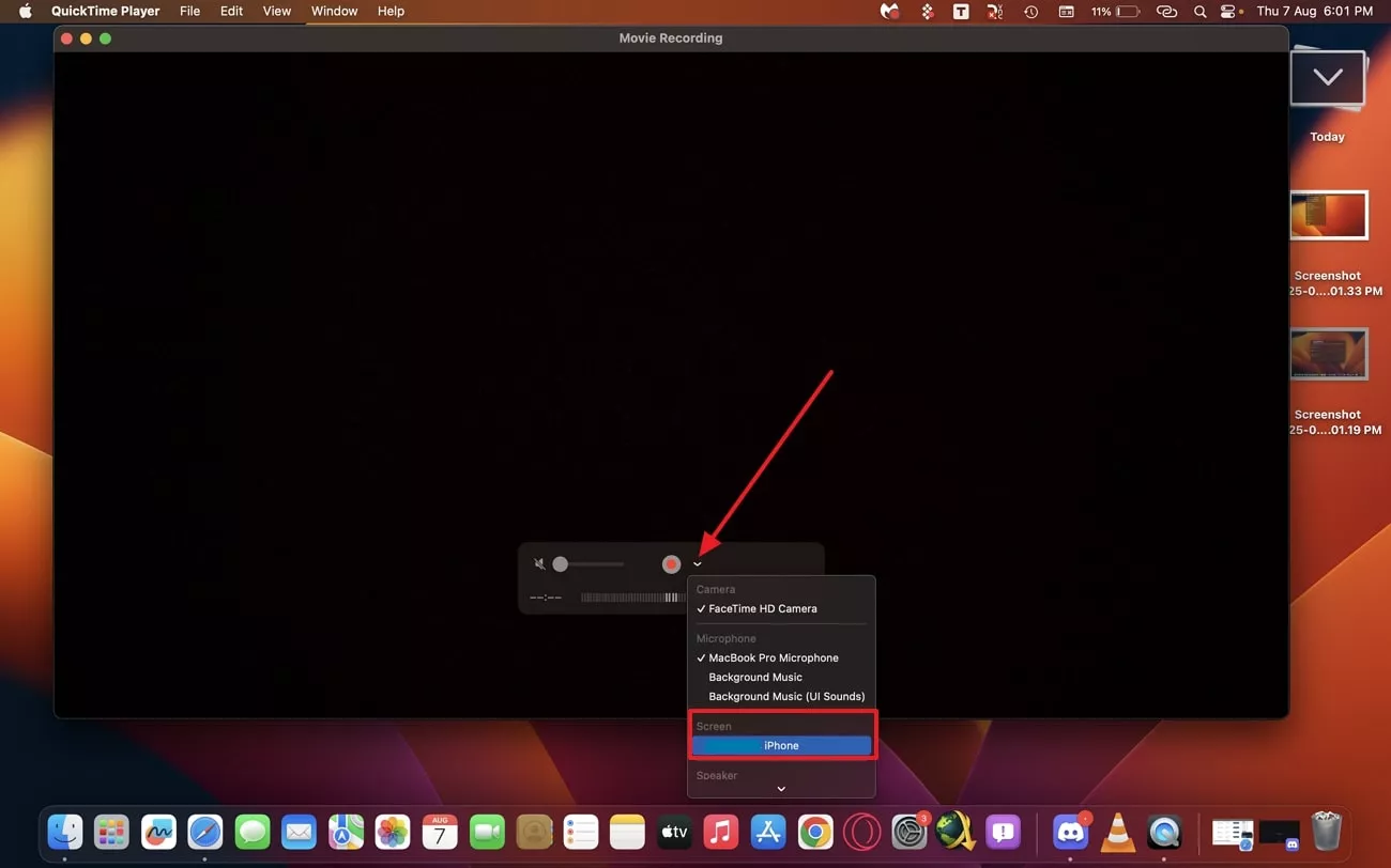 select iphone as screen quicktime player