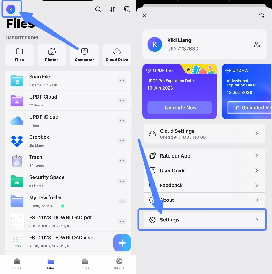 tap the profile icon and choose settings