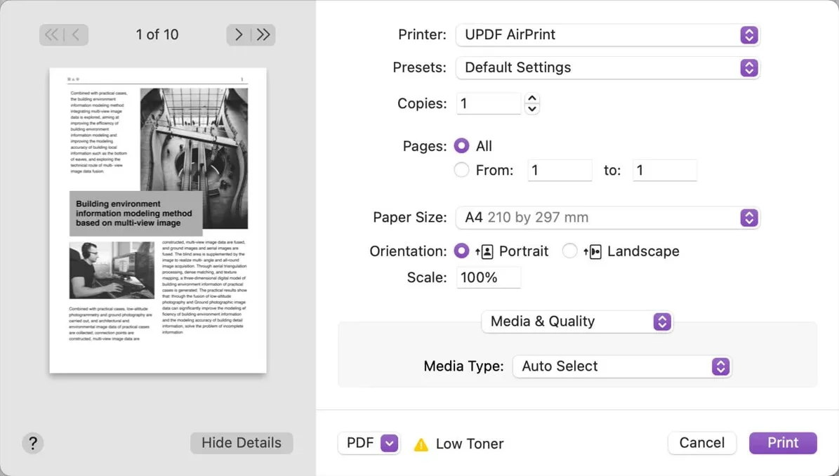 Customize print settings with UPDF