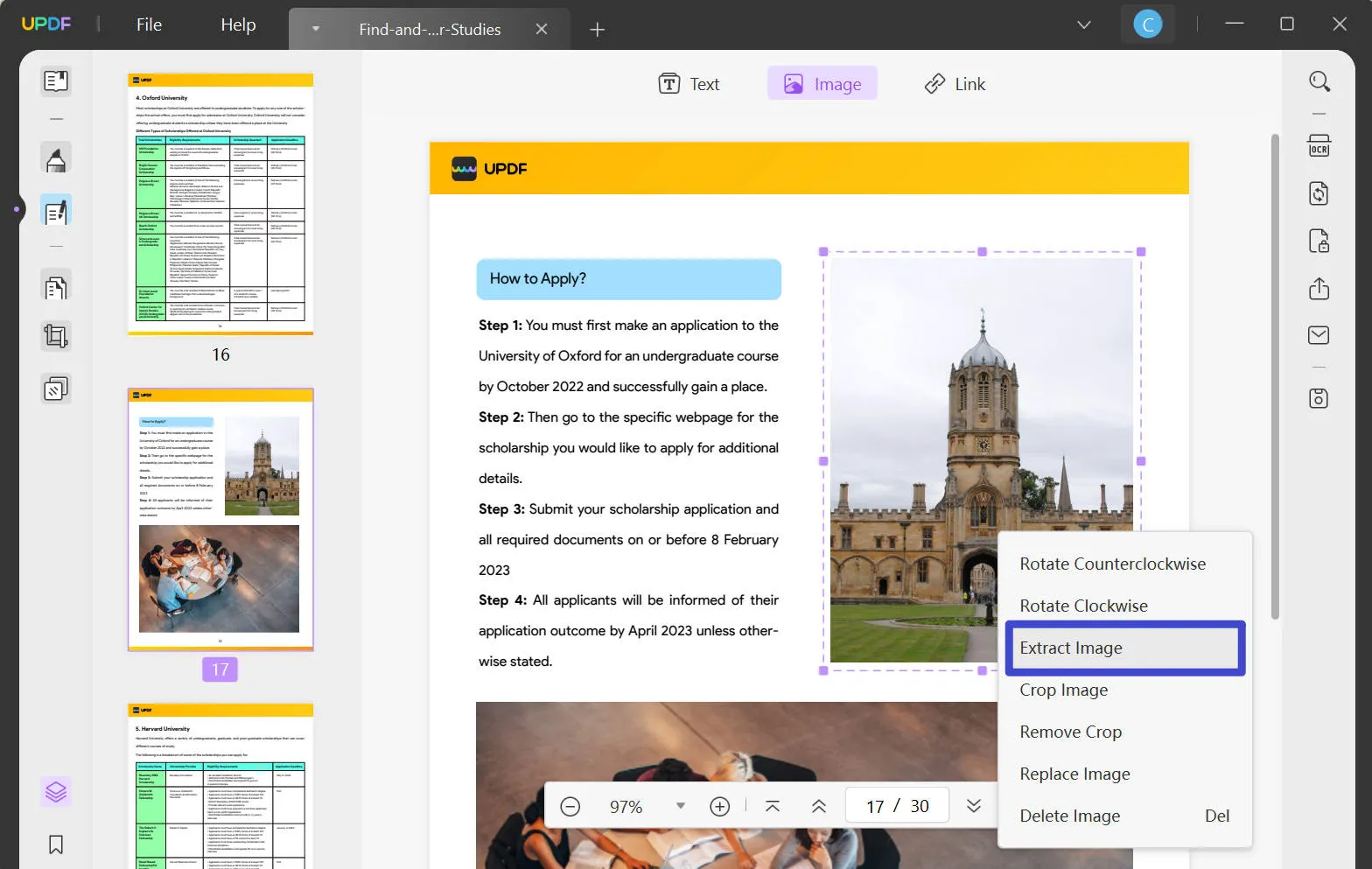 The "Extract Image" Button on UPDF to extract image from PDF
