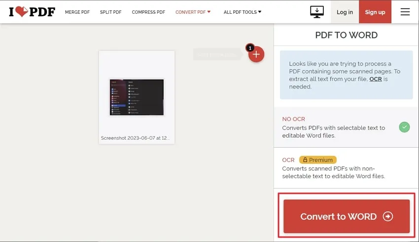 click on convert to word in ilovepdf