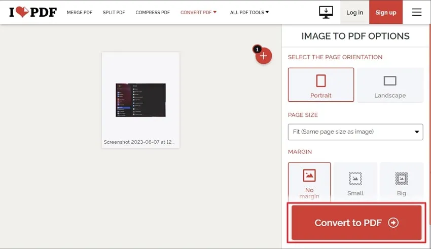 press convert to pdf button to convert jpg to pdf using ilovepdf