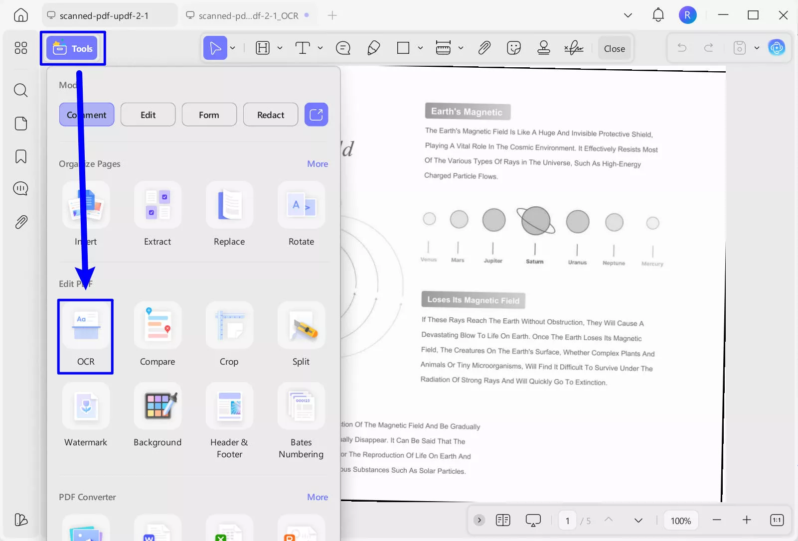 select OCR for editing scanned PDF with UPDF on Windows