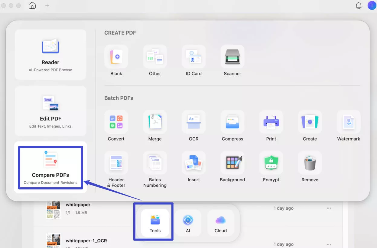 Compare PDF features in UPDF on Mac