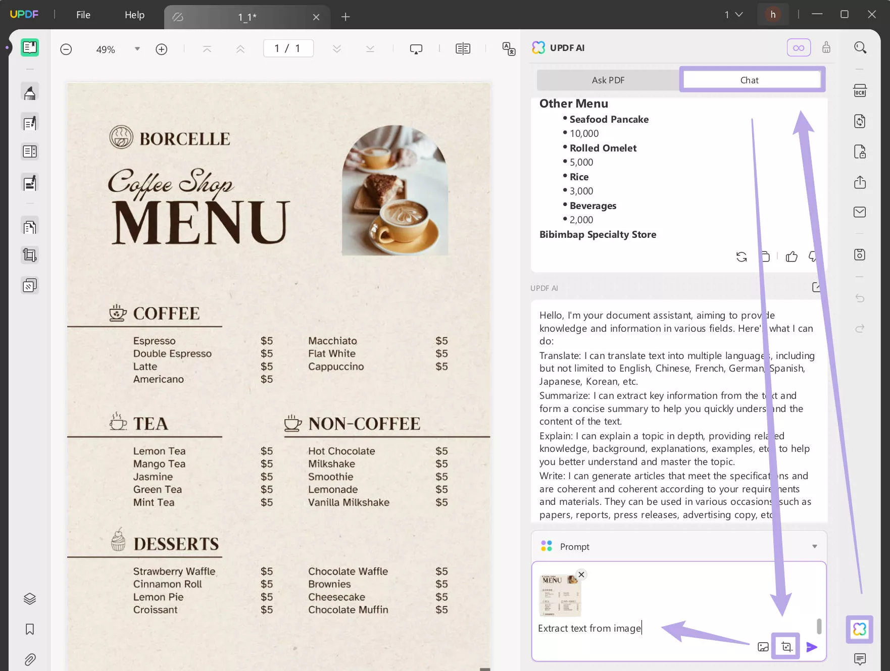 convert image to text with UPDF AI screenshot on WIndows