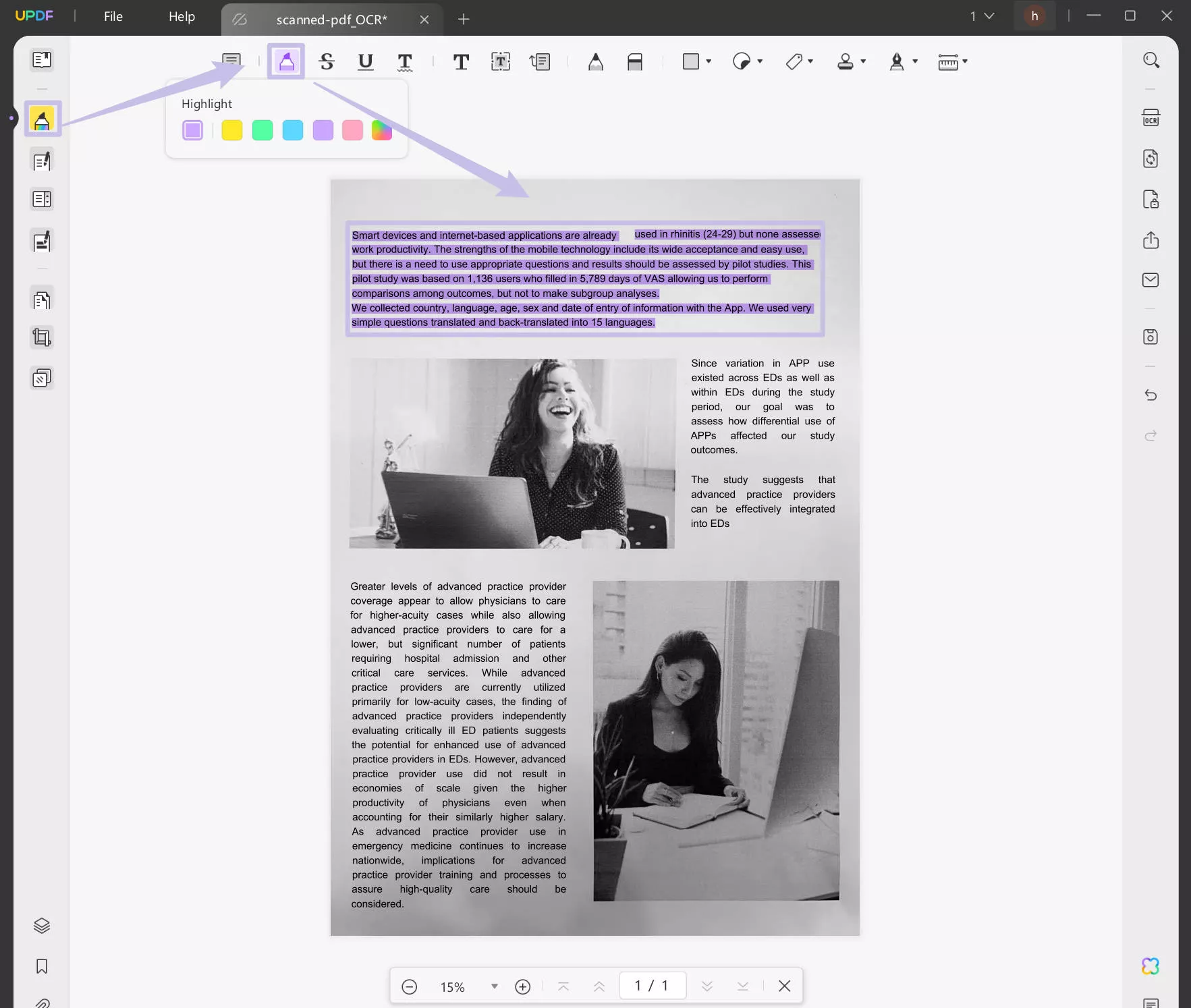 select comment to highlight scanned pdf updf windows
