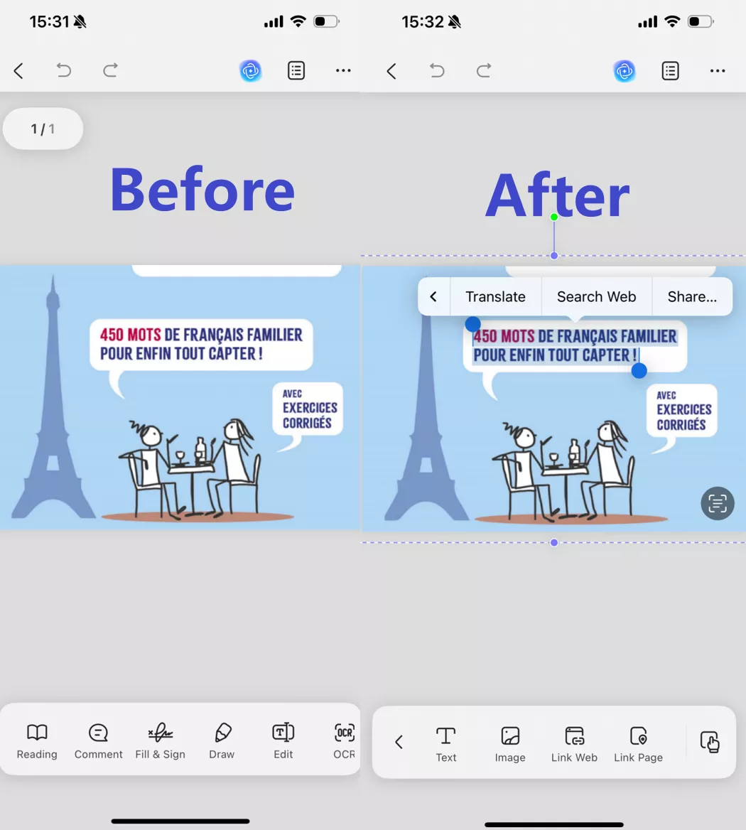 on the OCRed PDF, you can select the text that you want to translate and choose the "Translate" option