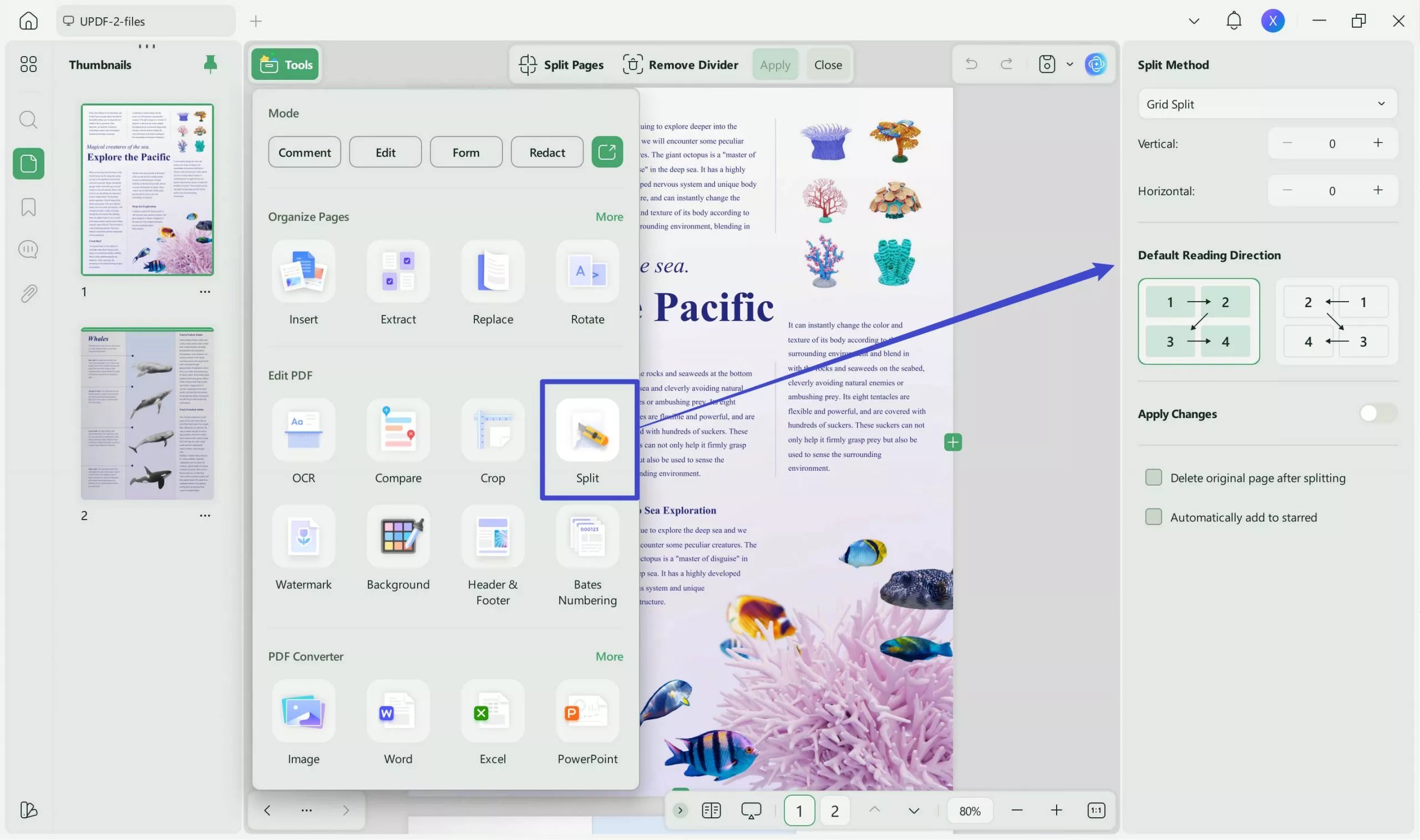 Customize the settings of splitting pages