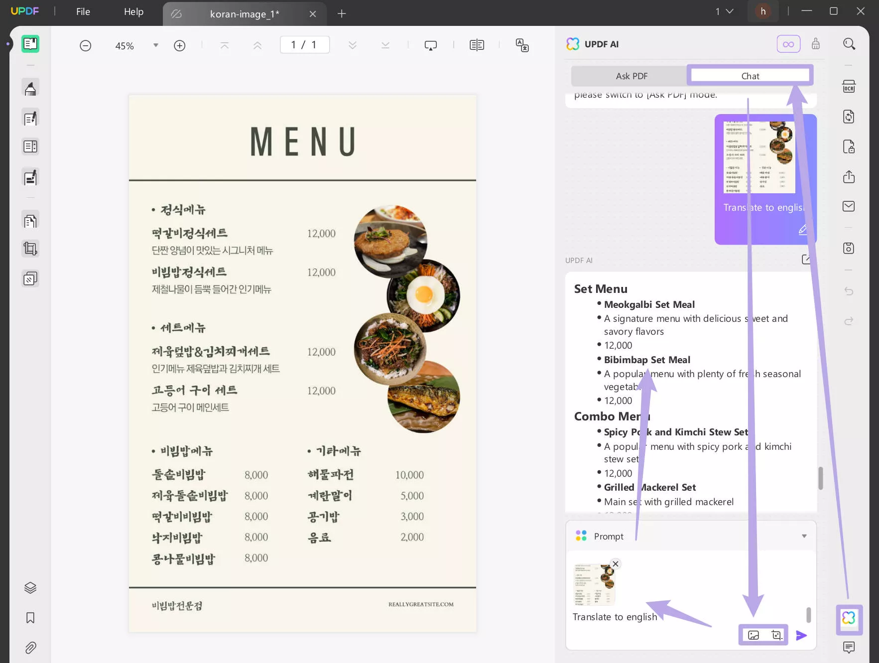 Translate the korean image to english with UPDF AI on windows