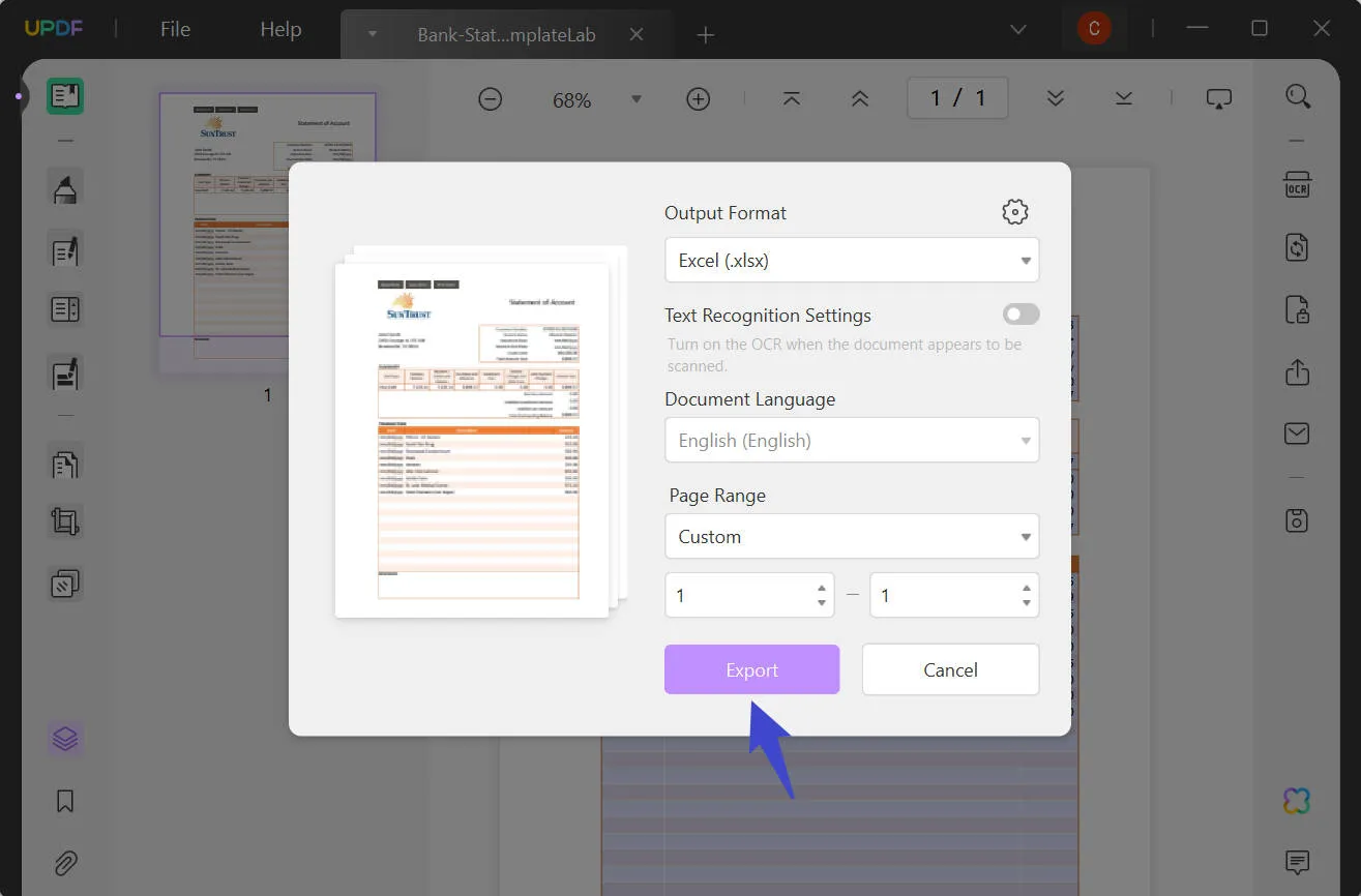 pdf bank statement to excel export