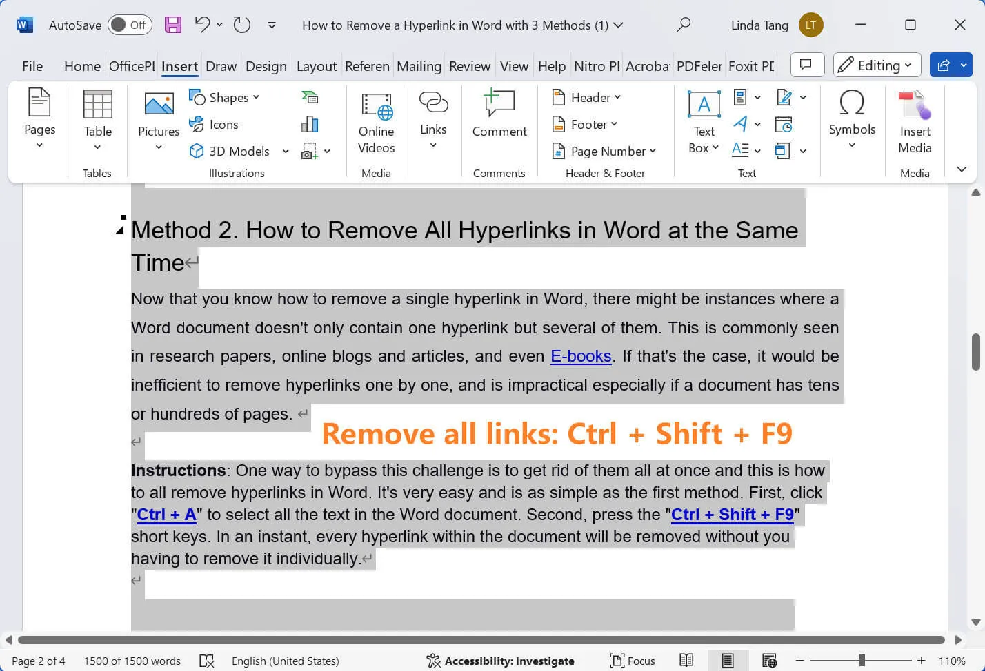 how to remove a hyperlink in word remove all hyperlinks