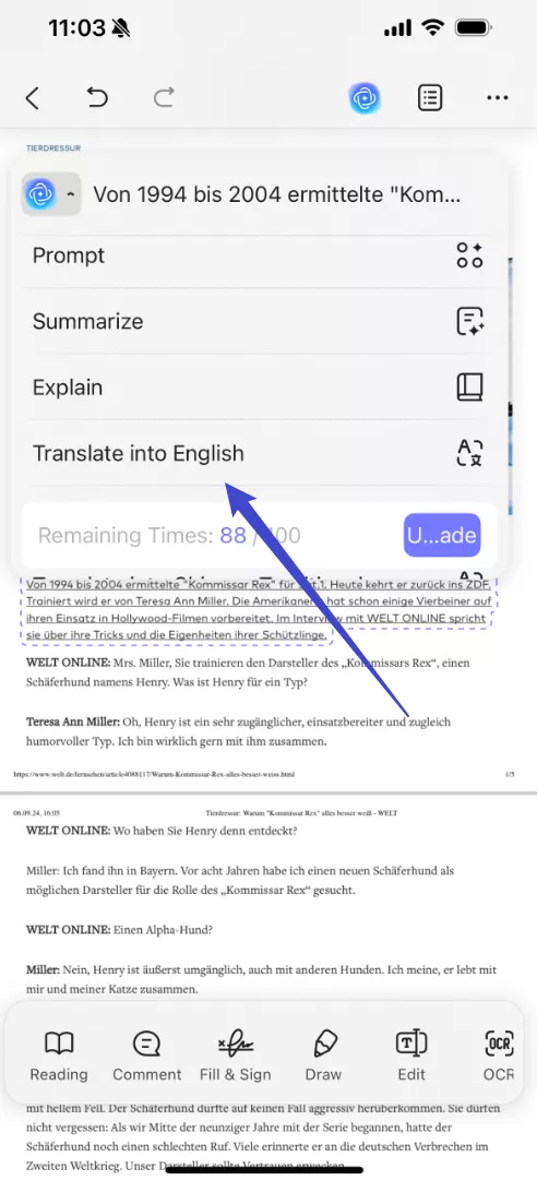 you can select the text that you want to translate and choose the "Translate" option