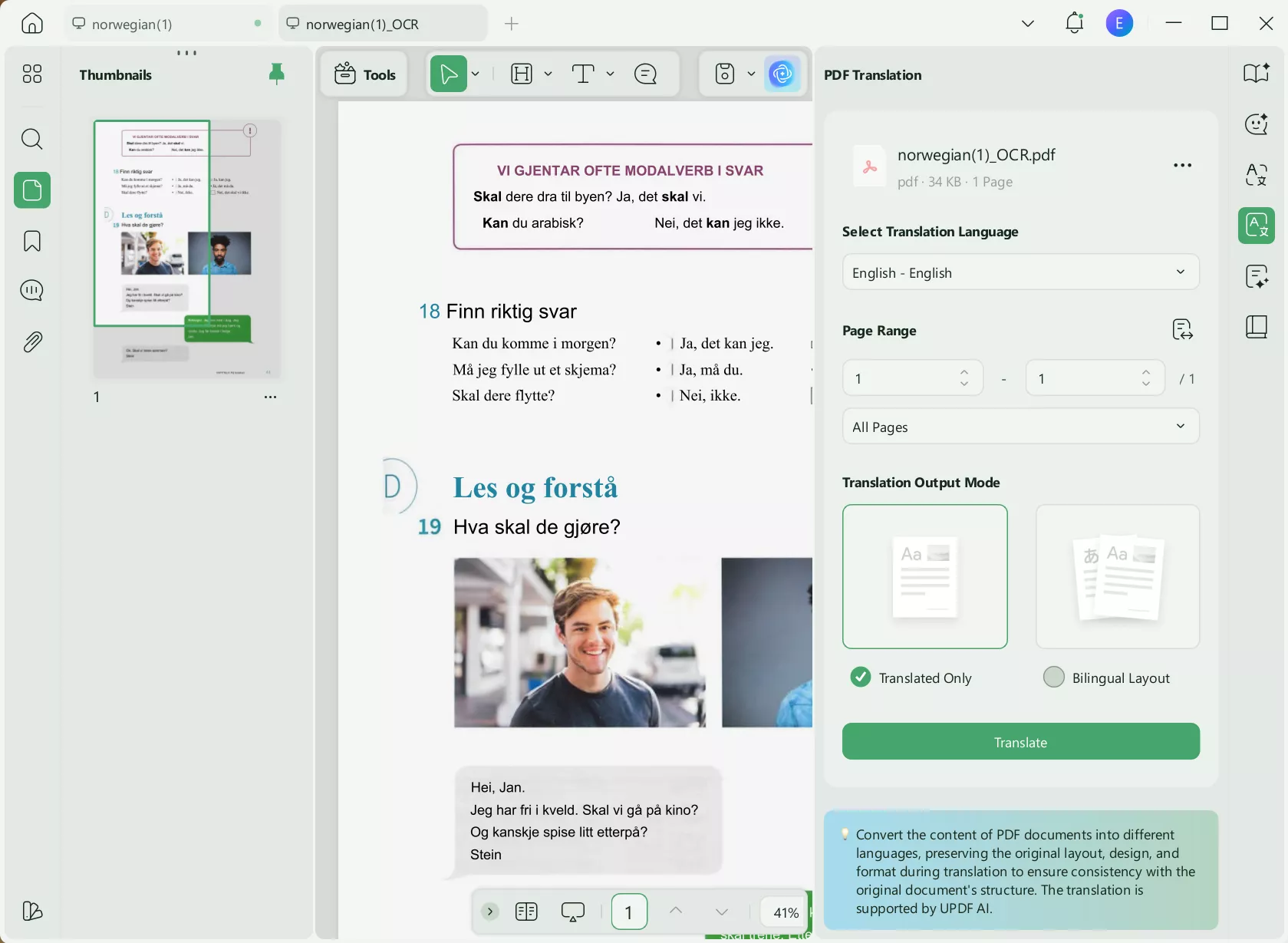 Translate the PDF from Norwegian to English with UPDF on Windows
