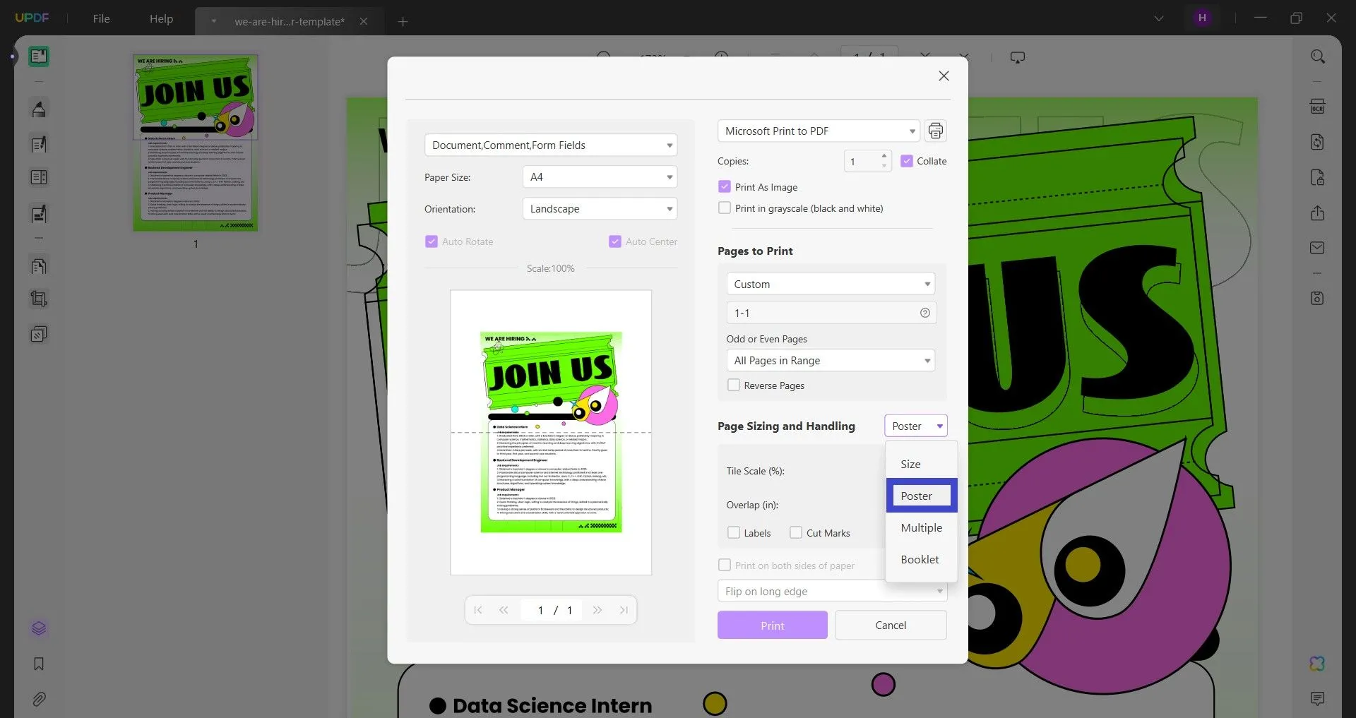 how to print large image on multiple pages updf