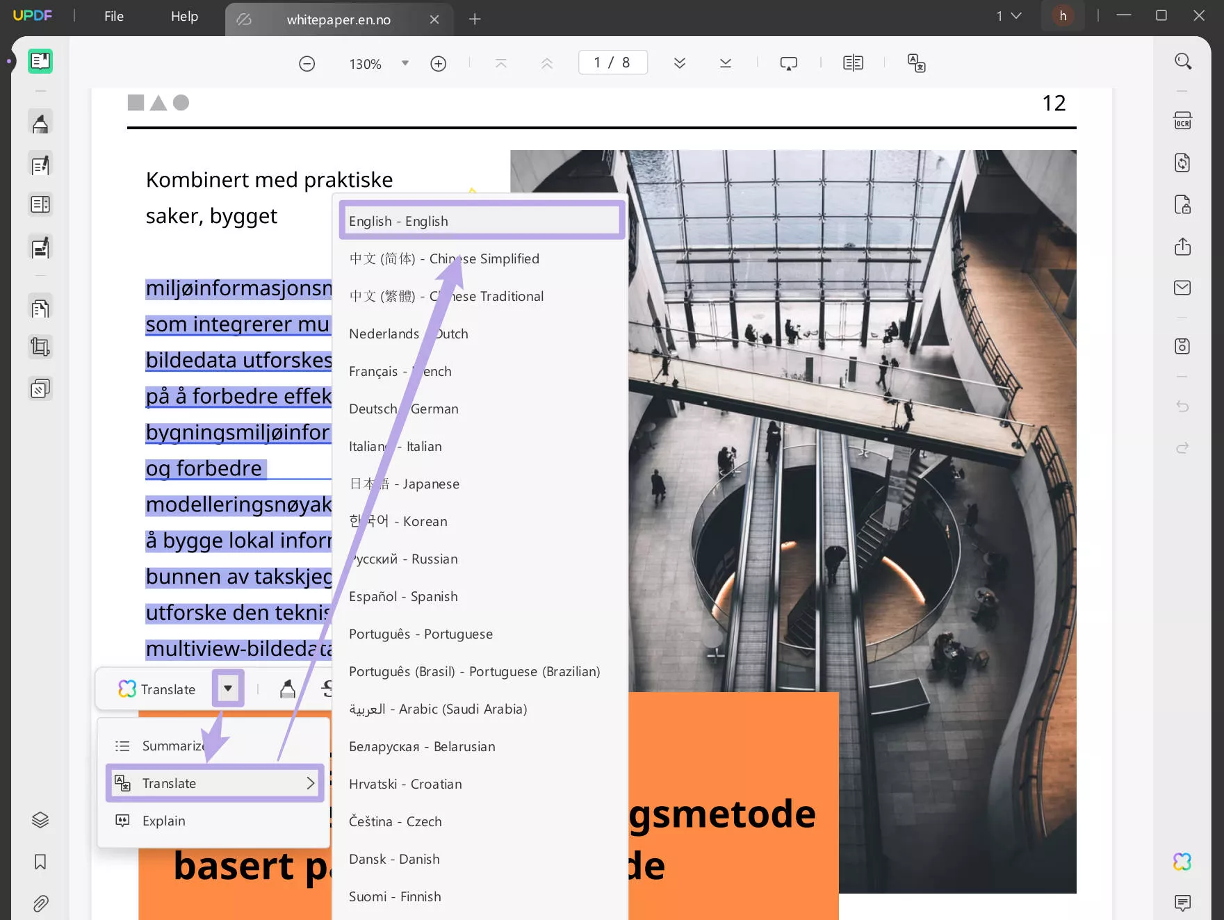 Select to translate Norwegian PDF to English with UPDF on Windows