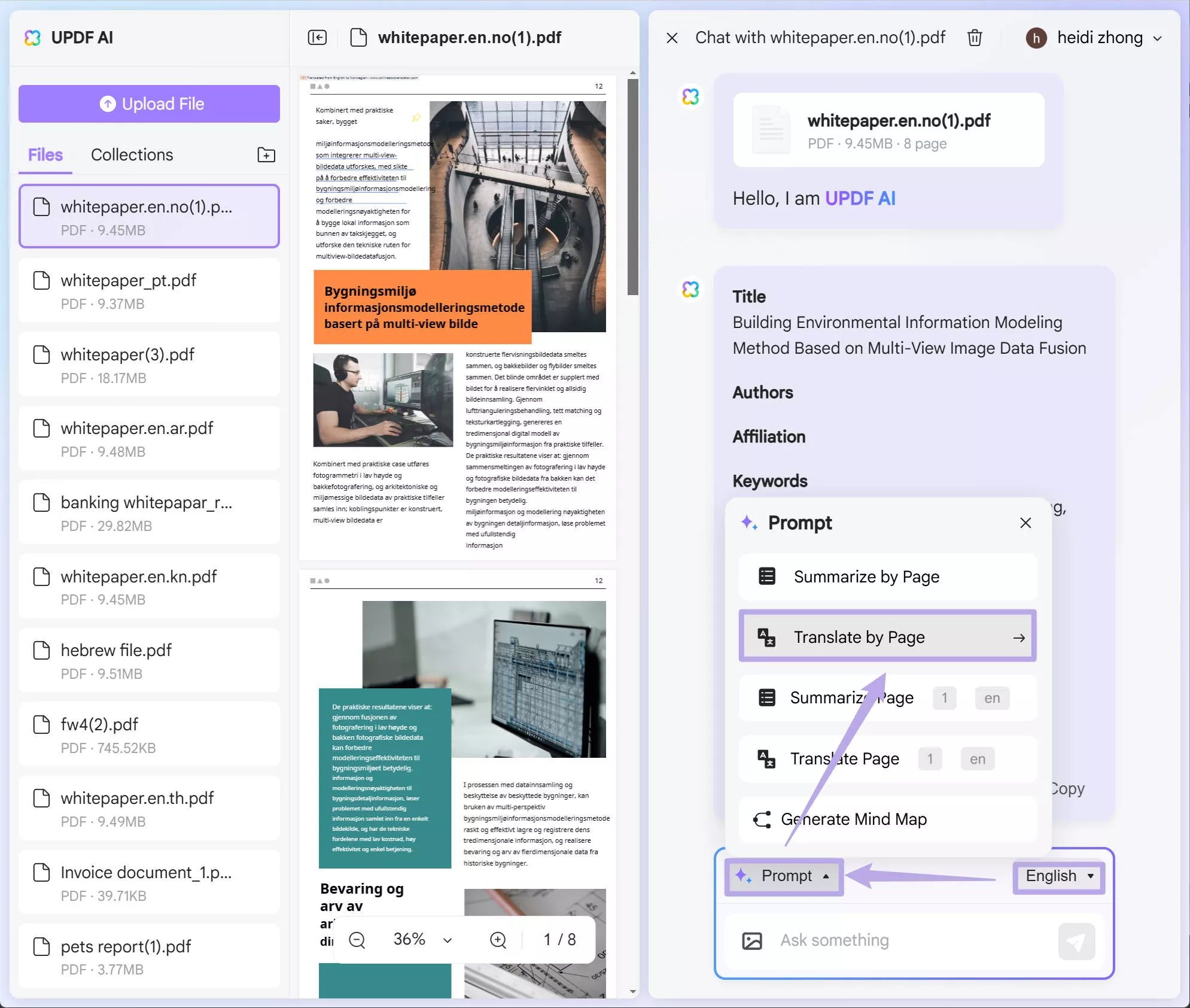 Translate norwegian PDF to english with UPDF AI Online by pages