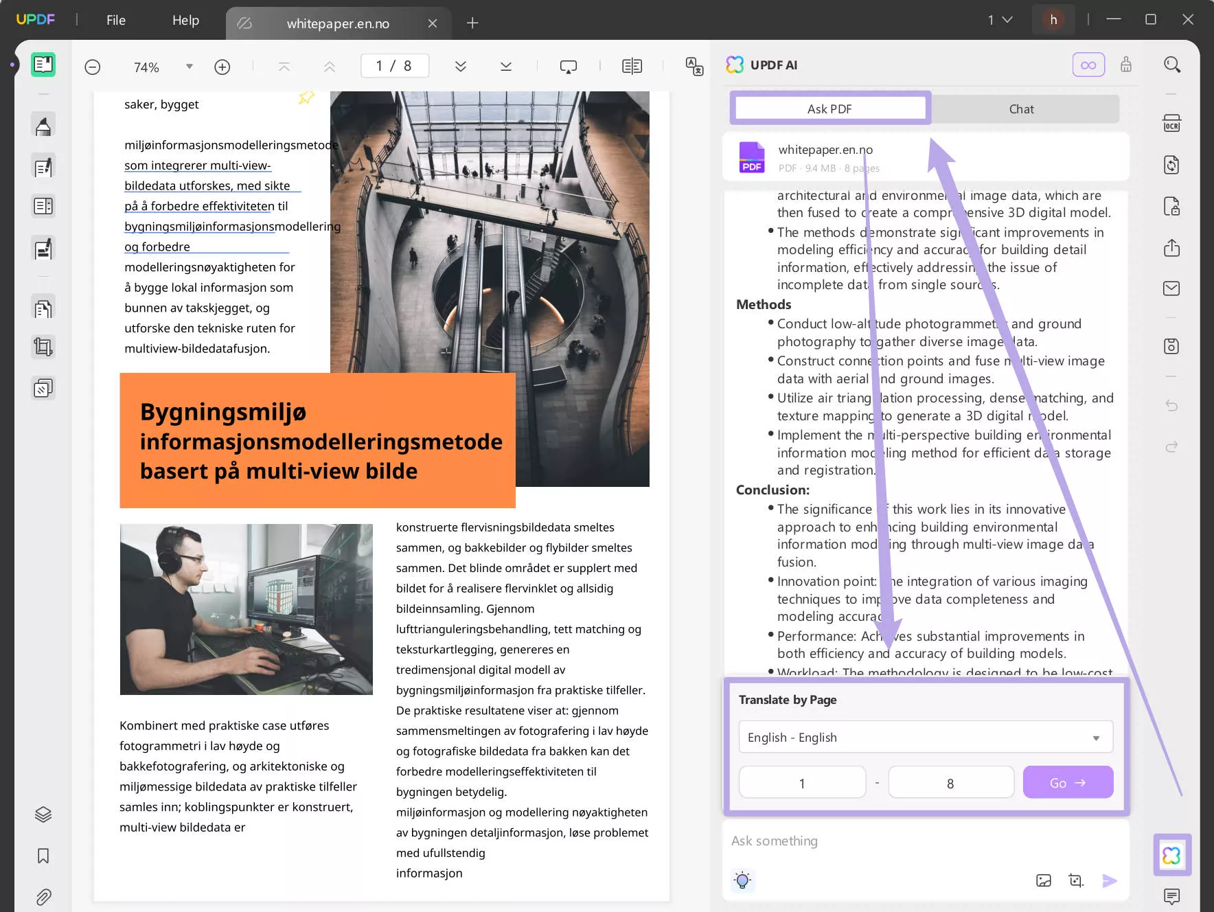 Translate norwegian PDF to english with UPDF on Windows by pages