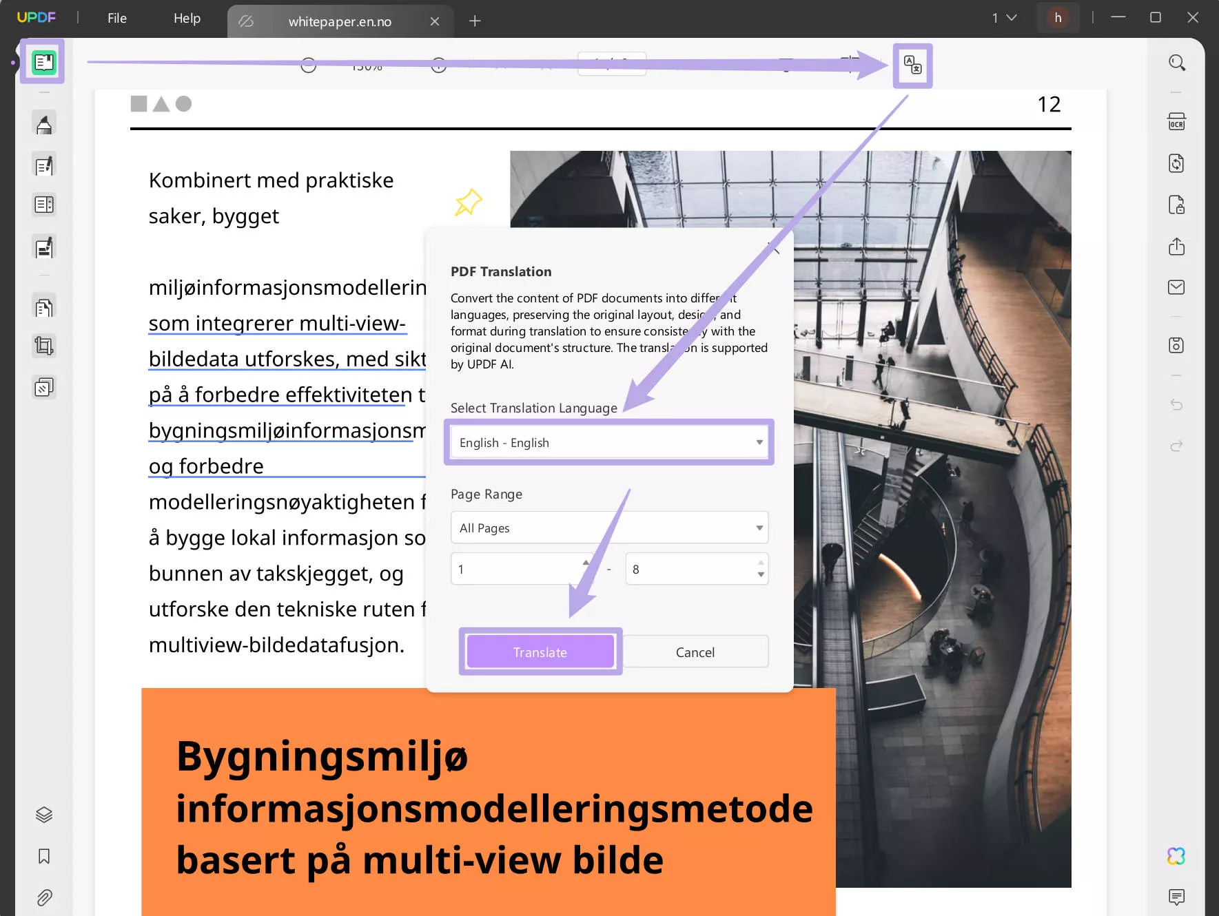 Translate the PDF from Norwegian to English with UPDF on Windows