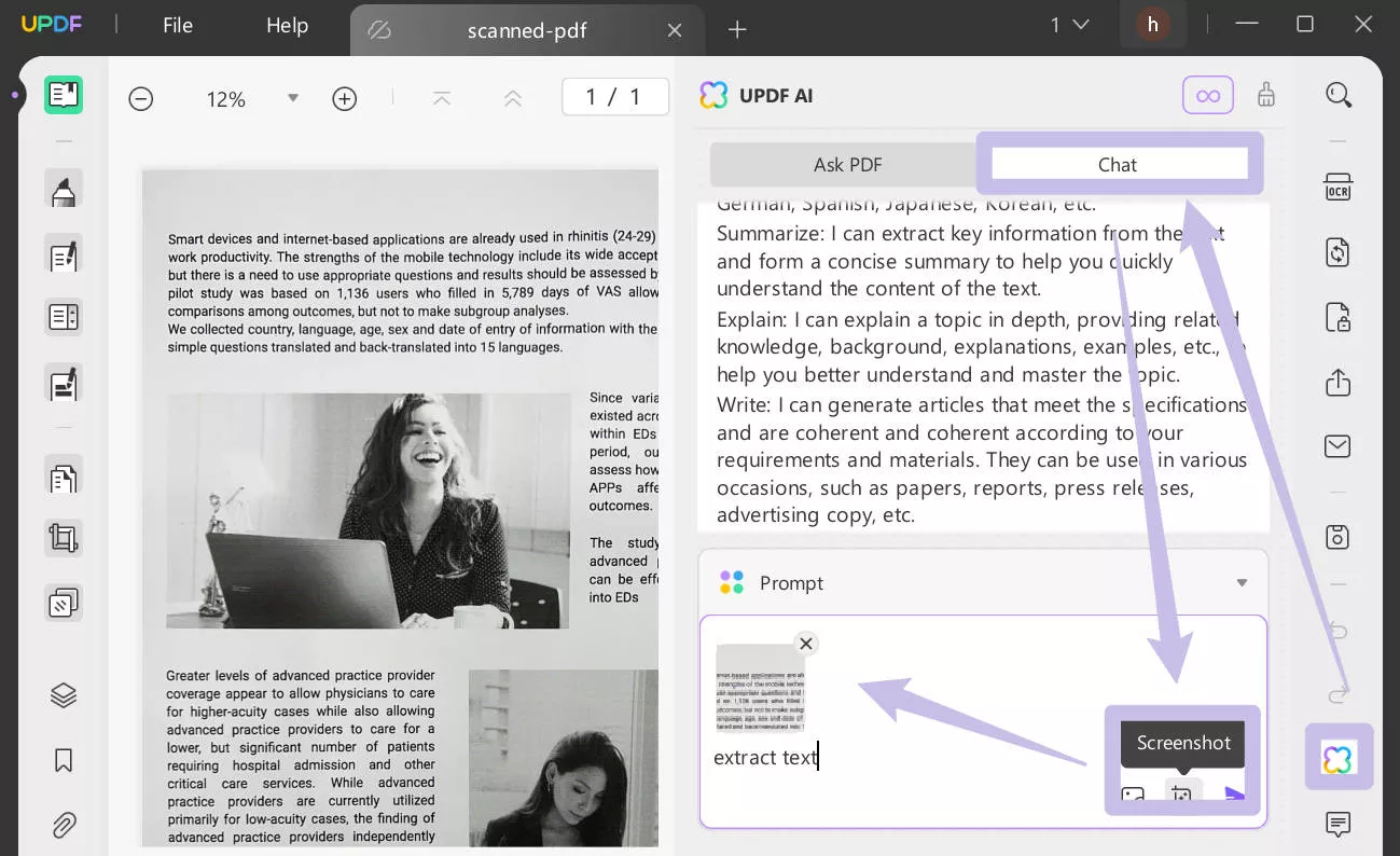 Screenshot to extract text from the scanned PDF