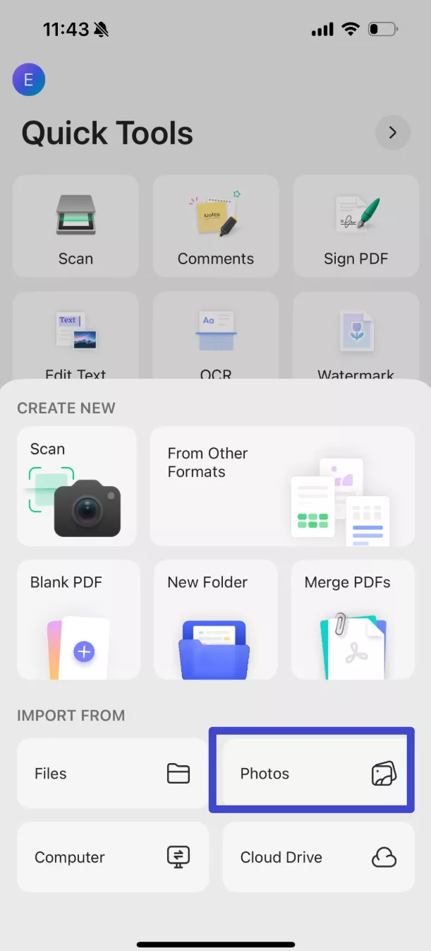 Tap “Photos” and upload the image you want to OCR.