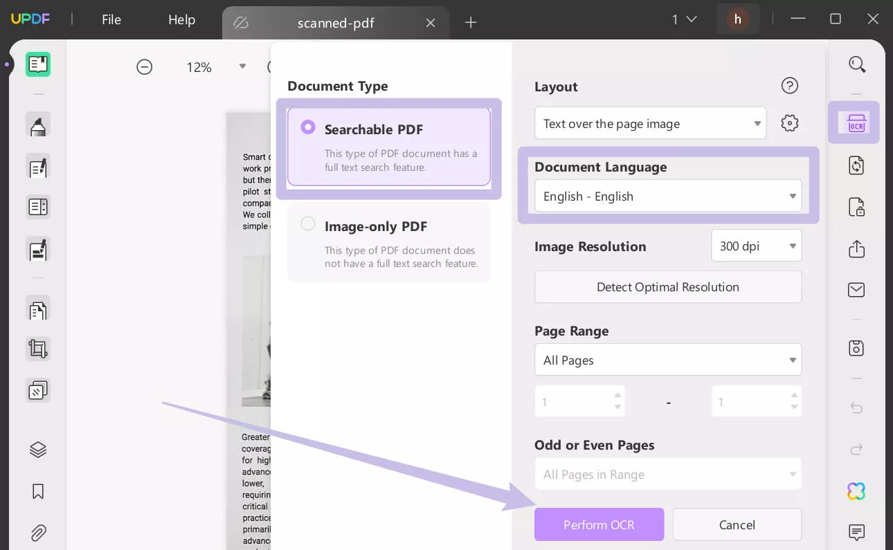 Select english to make the scanned PDF editable with UPDF