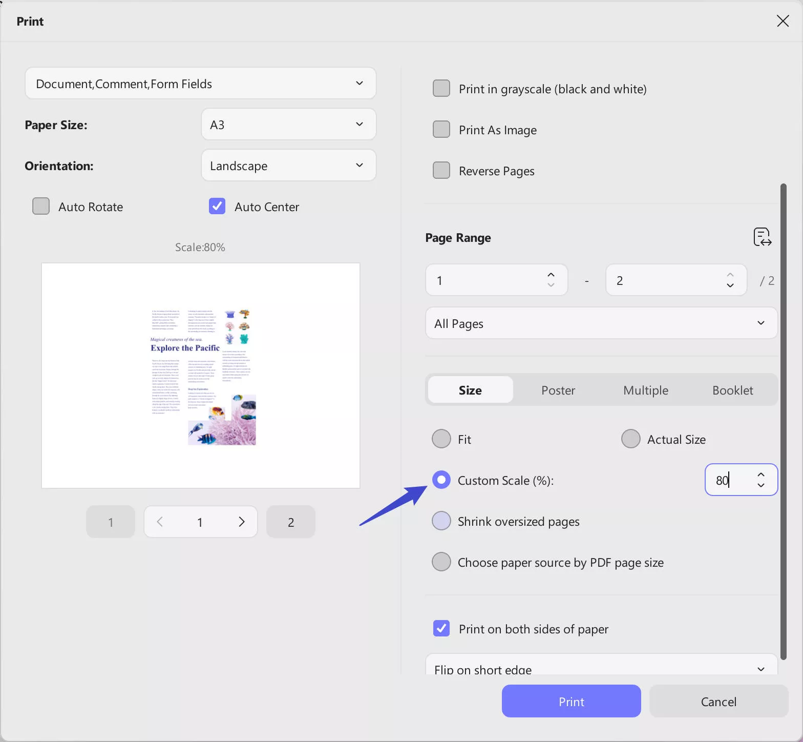 how do i split a word document into- multiple pdfs print settings