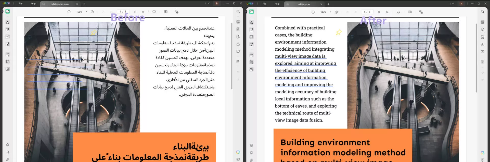 The result after translated from Arabic to English with UPDF on Windows