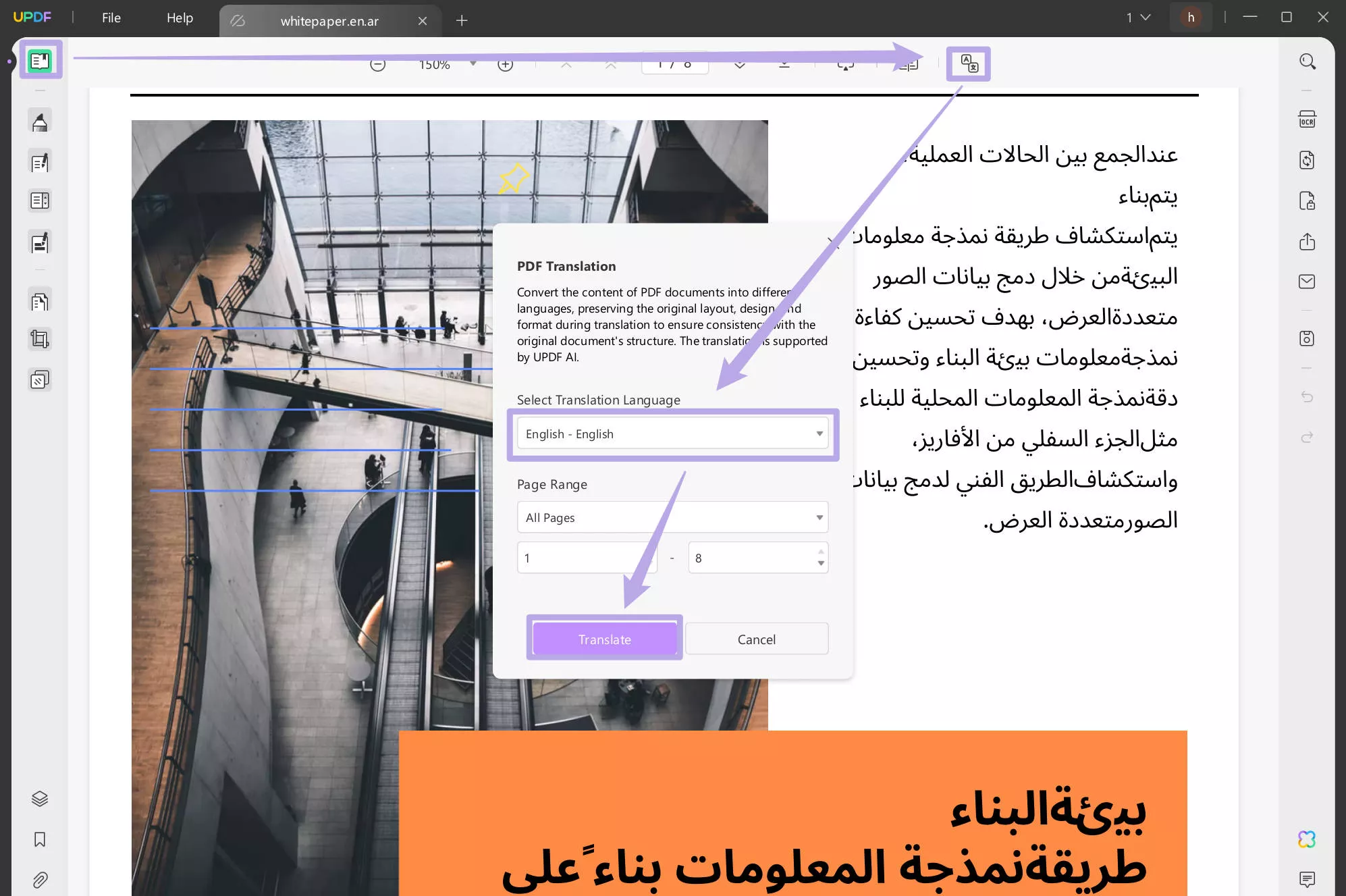 Translate the Arabic PDF to English with UPDF on Windows