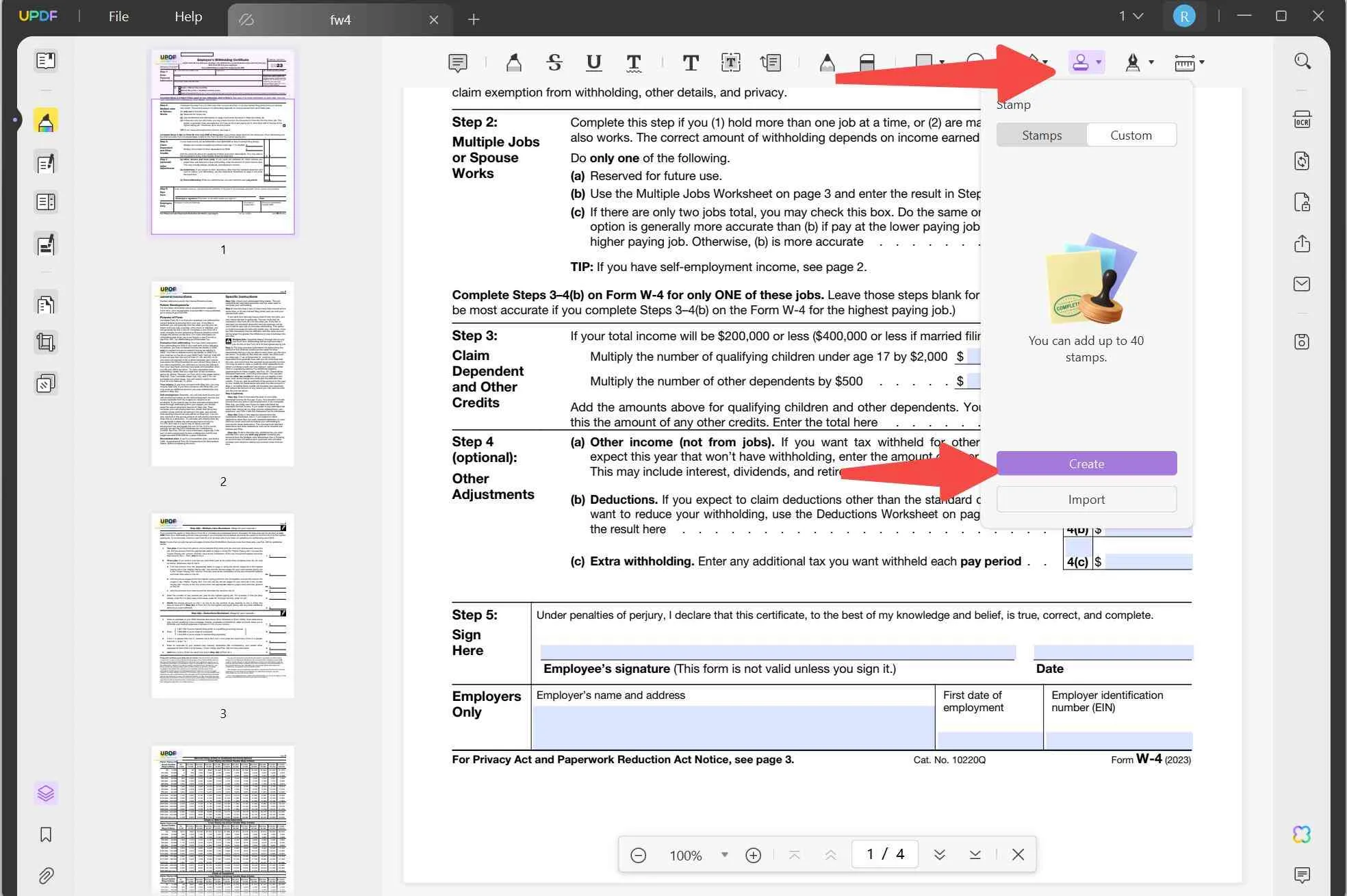 click on the "Create" stamp to add signature stamp in PDF with UPDF