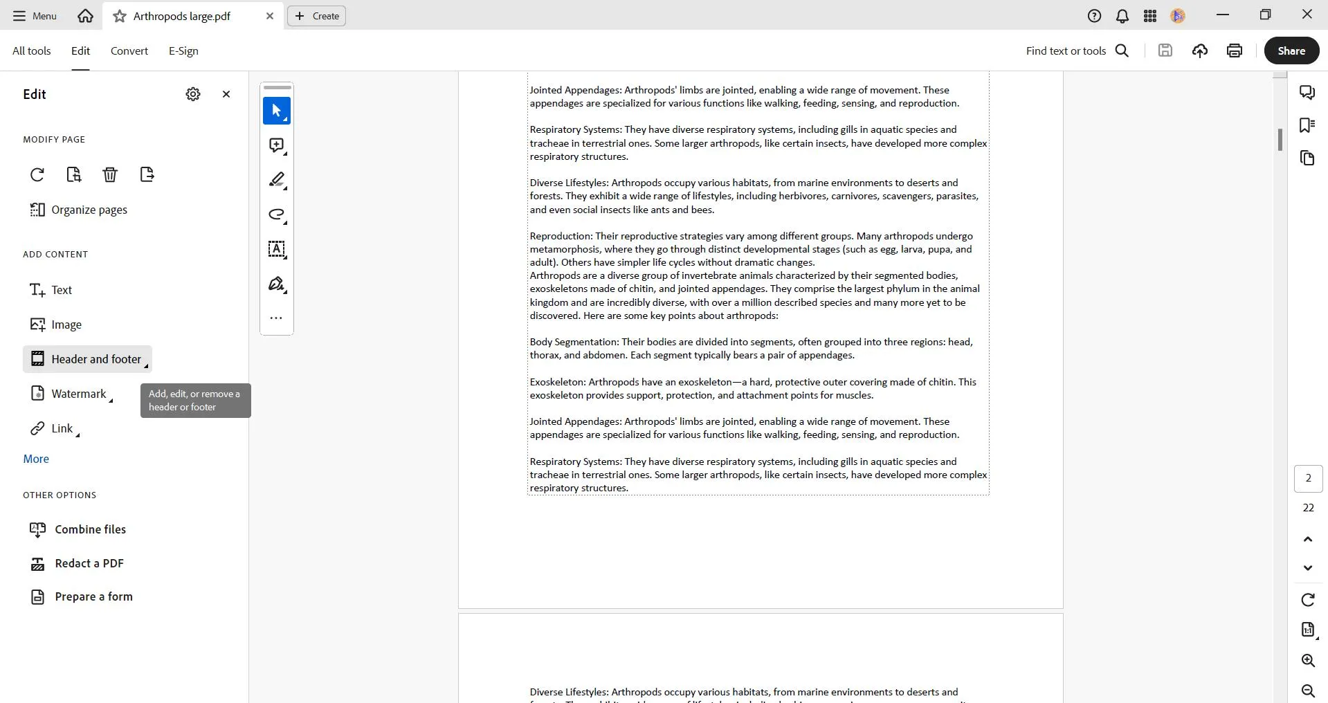 click on the "header and footer" to add page numbers to pdf with Adobe Acrobat