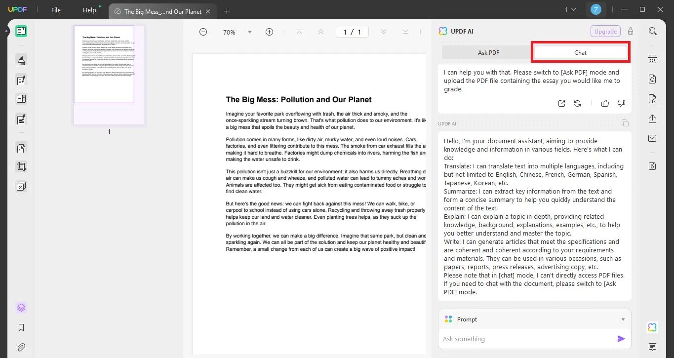 click the chat button in UPDF AI Graders for Essays
