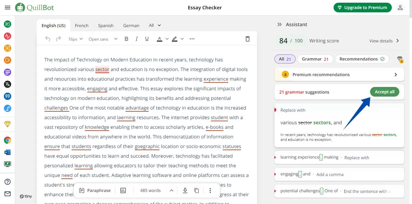 essay improver ai Accept all corrections with quillbot
