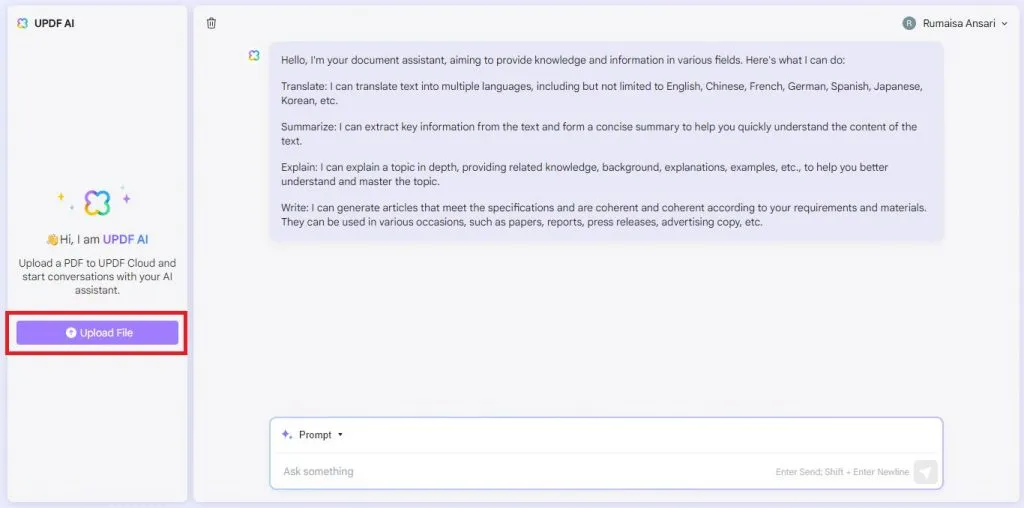 click upload file with UPDF's AI Assistant Online