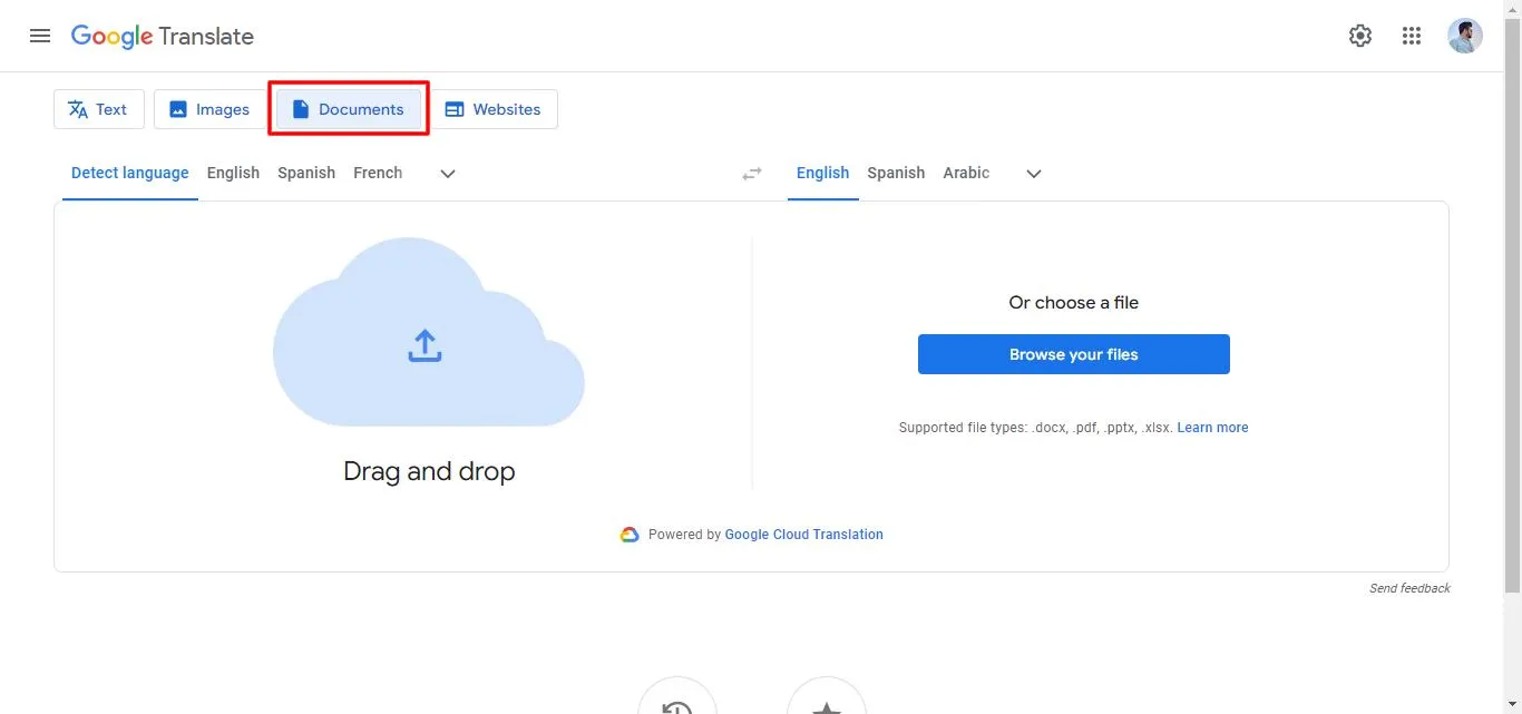 upload your pdf to Google Translate.