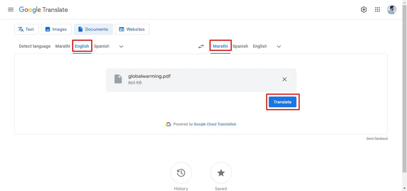 select the language and click translate in Google Translate.