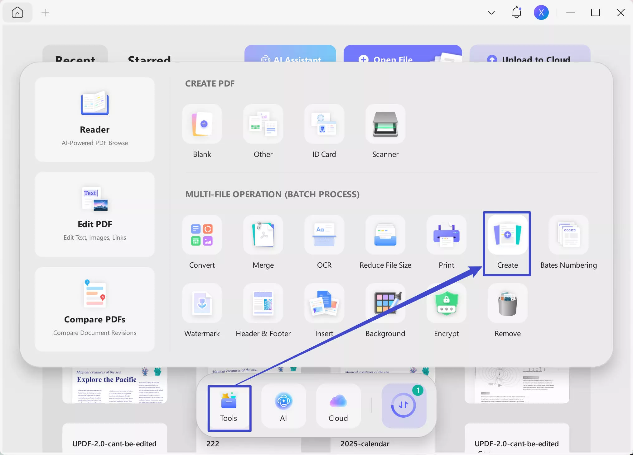 select the create pdf tool in updf