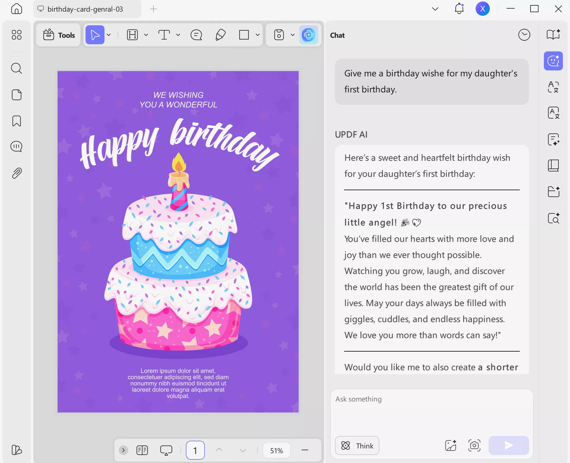 first birthday wishes enter prompt for birthday wish to UPDF