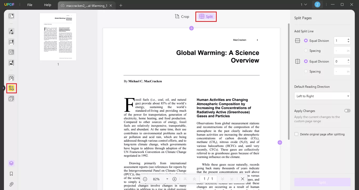 click crop page and then select split in updf