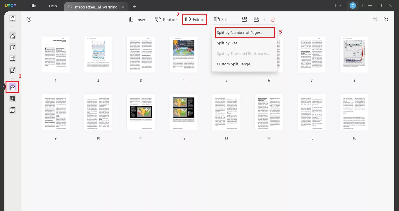 click organize pages and then split with updf