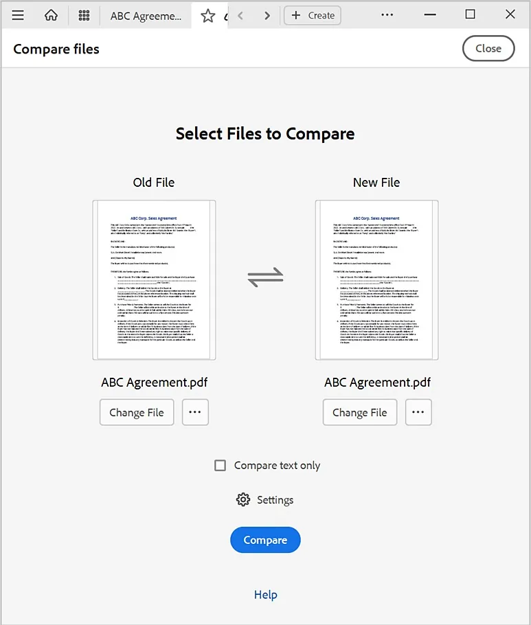 compare pdf adobe select files to compare