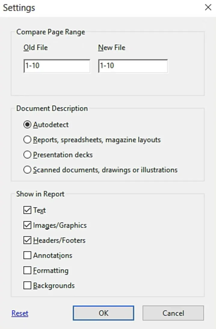 compare pdf adobe modify comparison settings