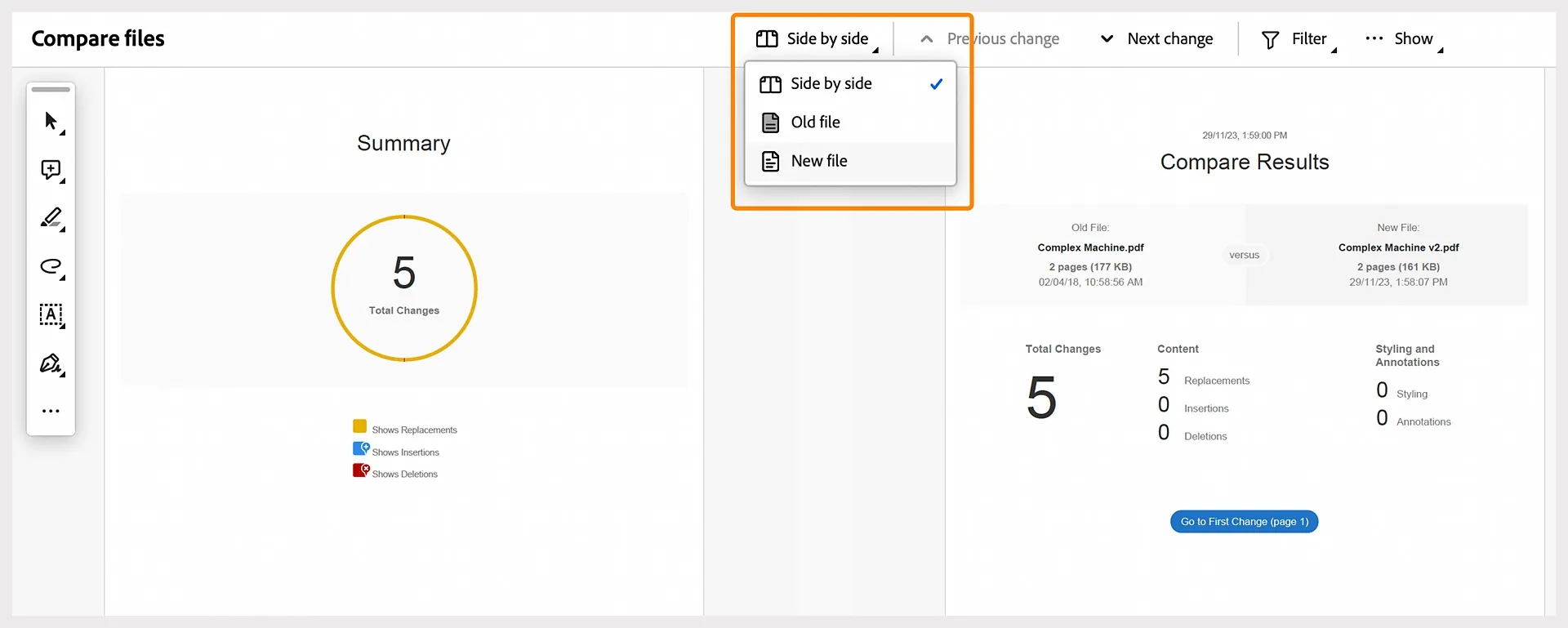 compare pdf adobe select files
