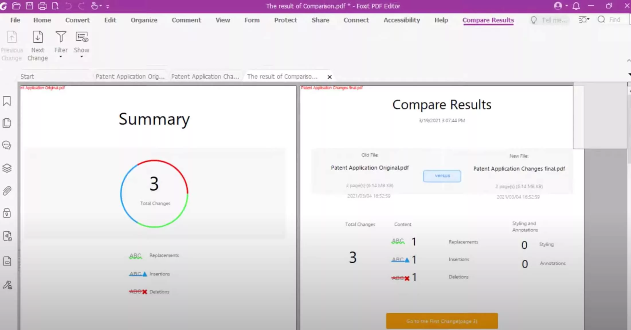 comparing report for the pdf files with foxit