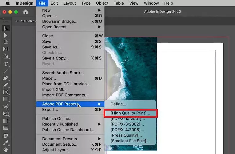 crop marks indesign select High-Quality Print under Adobe PDF Preset in indesign