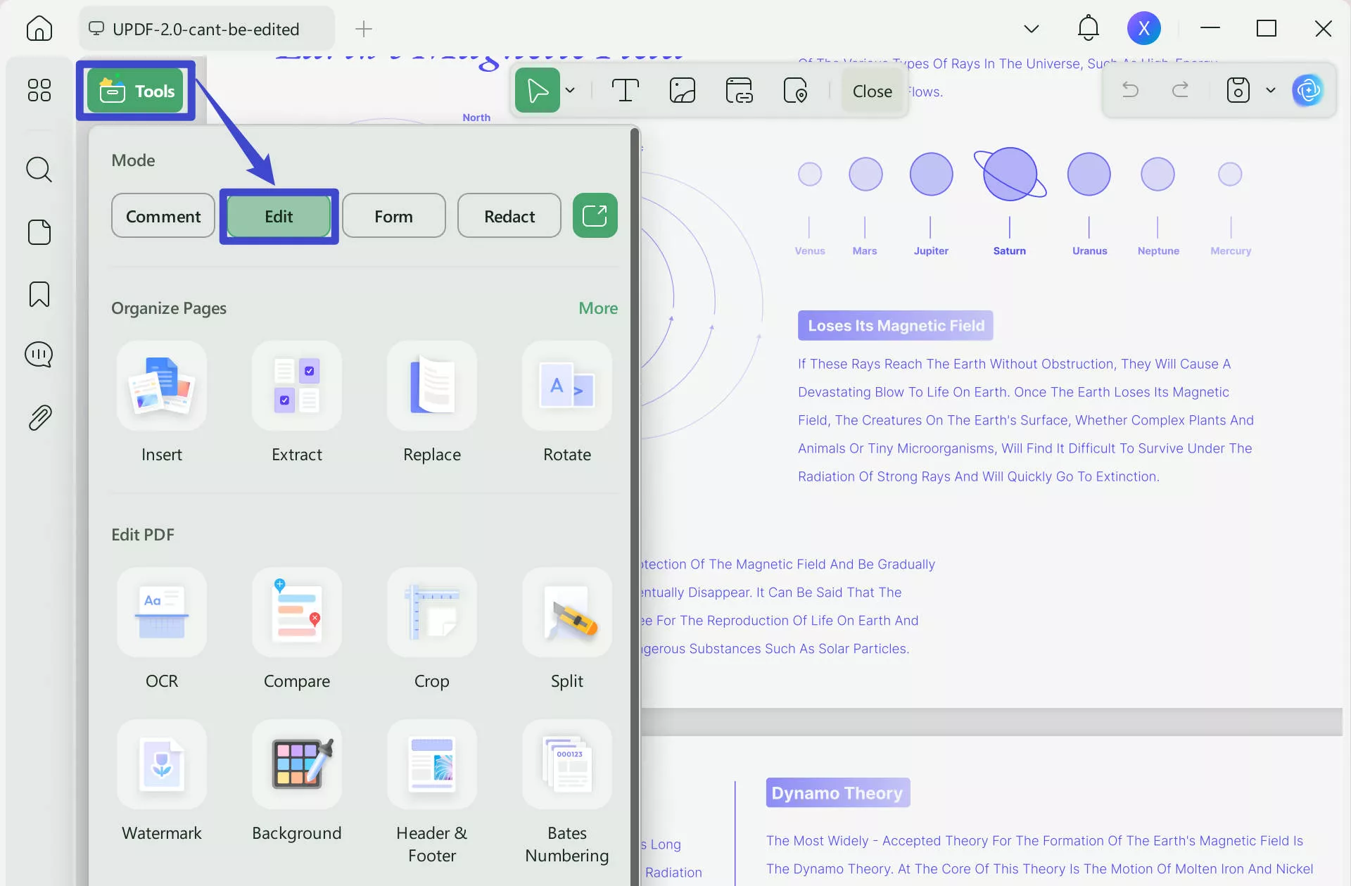 select the edit pdf option from the left menu with UPDF