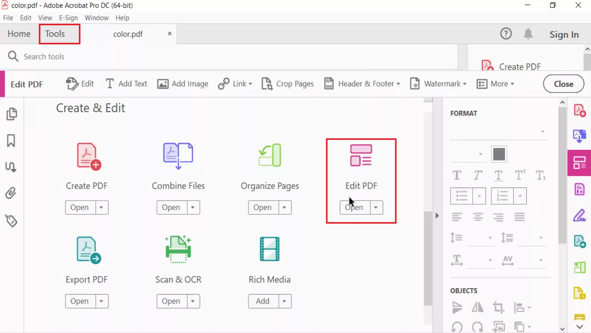 open edit pdf option in adobe acrobat
