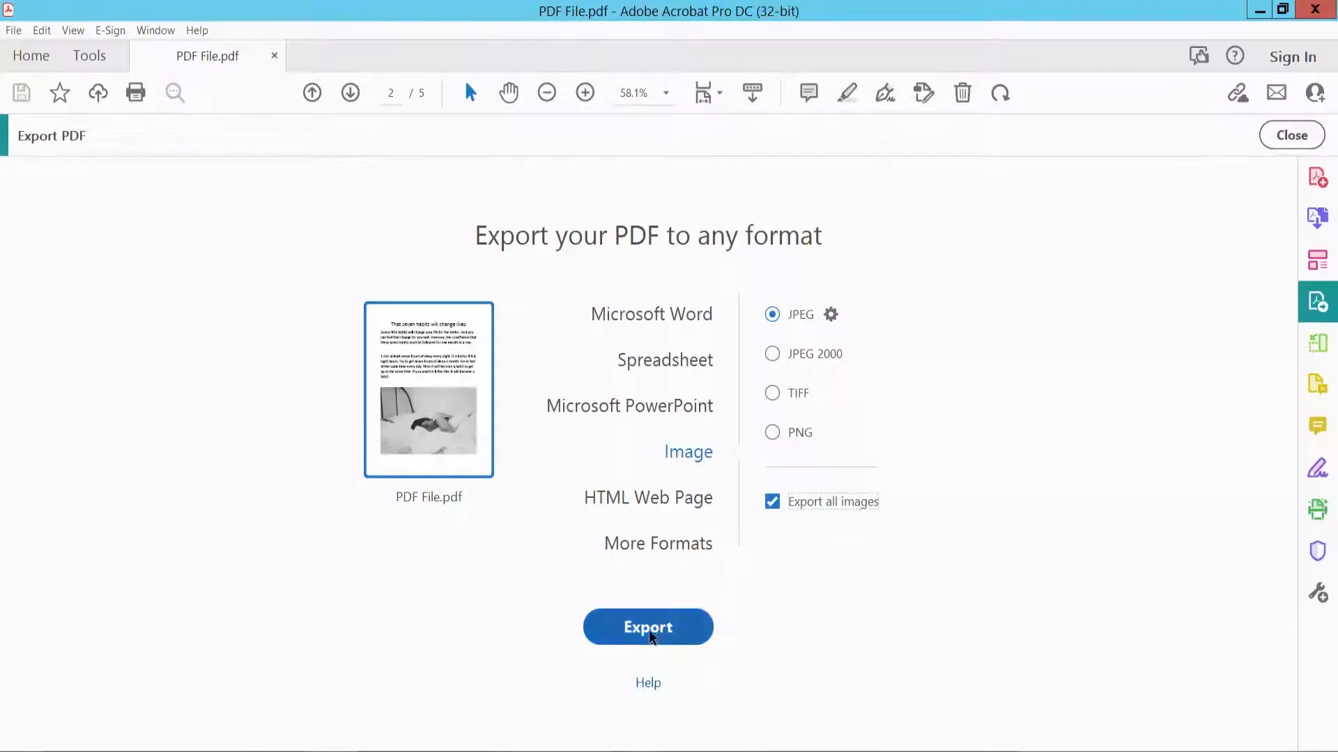 select file format and click export to extract all images with acrobat