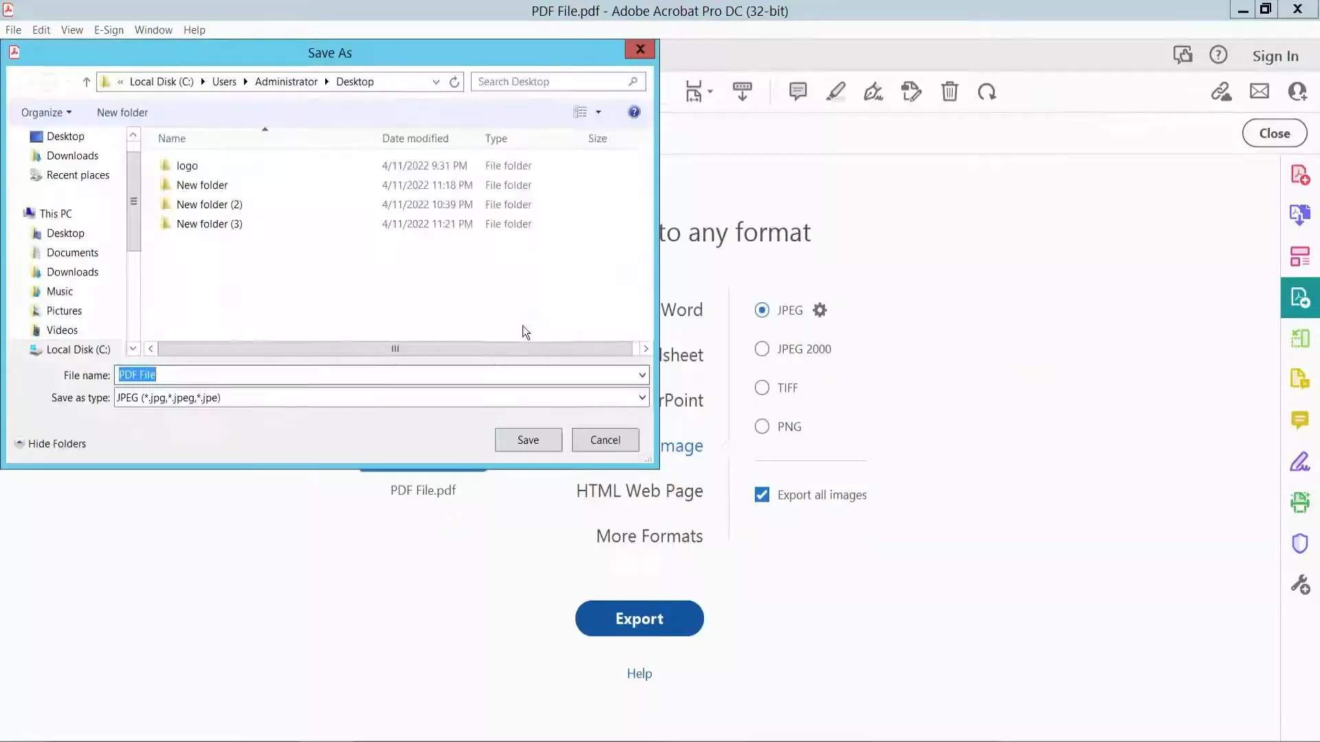 select the location to save all extracted images with Adobe Acrobat